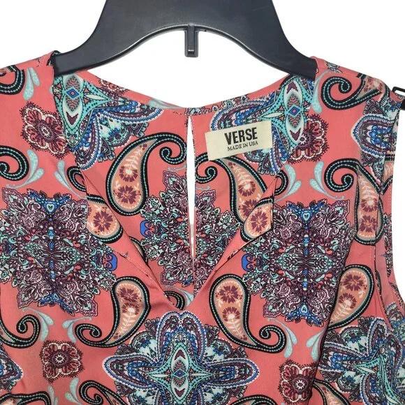VERSE Sleeveless Coral Paisley Print Blouse With Split Neck Design Size M - Picture 6 of 14